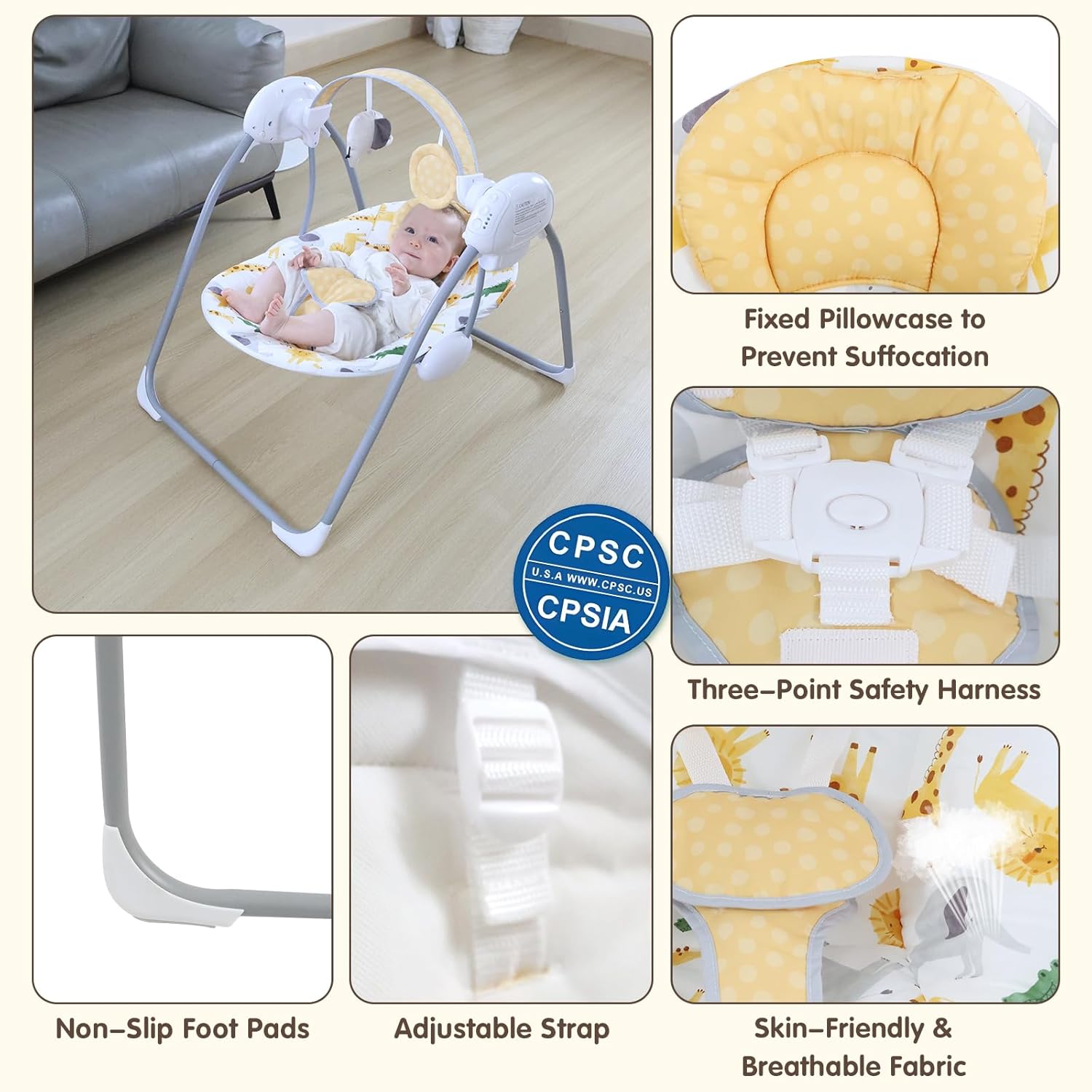 Portable Baby Swing for Infants, Compact & Foldable Infant Swing with 5-Speed Swing,Music, Timer, Cushioned Seat, Battery Operated, 0-9 Months 6-20 lbs,SG2405