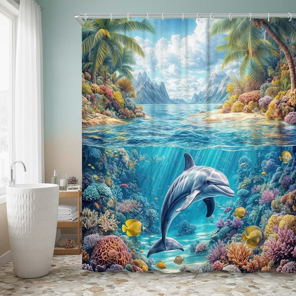Dolphin Fish Shower Curtain, Blue Ocean Underwater World Bathroon Curtains Tropical Fishes Coral in The Deep Sea, Marine Life Polyester Waterproof Bath Shower Curtain Sets with Hooks,70X70IN