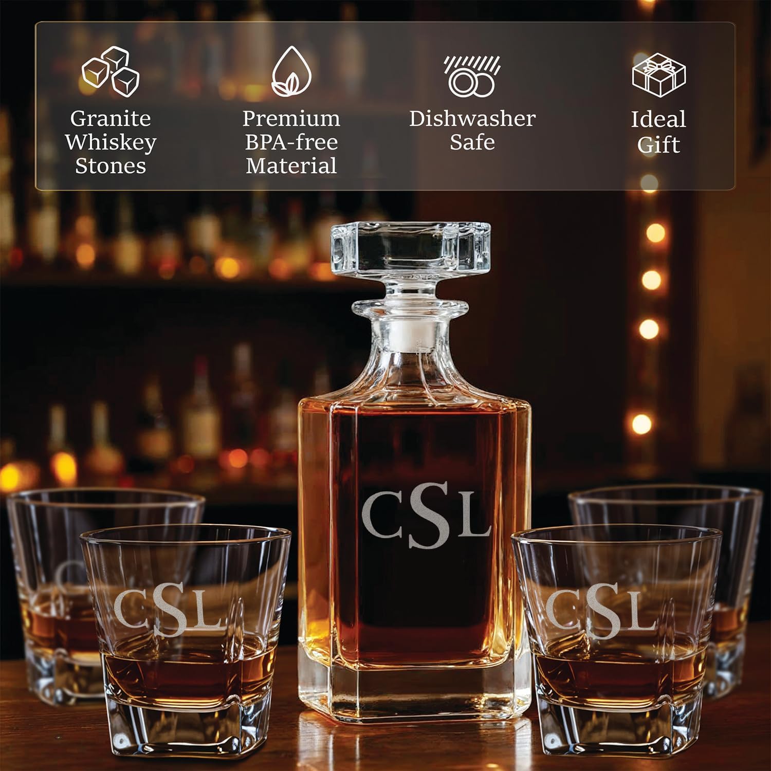 Custom Engraved Monogram 3 Initials Whiskey Gift Set – 34 oz Liquor/Bourbon Decanter with 4 Glasses, Whiskey Stones & Tongs – Premium Whiskey Gift for Men, Husband, Dad
