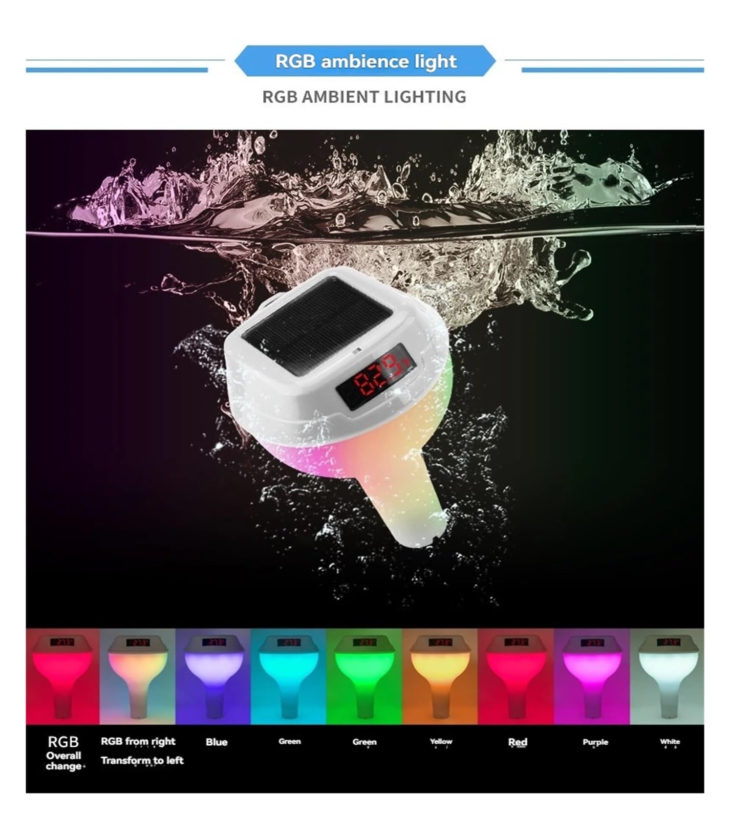 New Wireless Floating Pool Thermometer Solar Pool Thermometer LED Digital Water Thermometer RGB Ambient Light(Ocean blue)