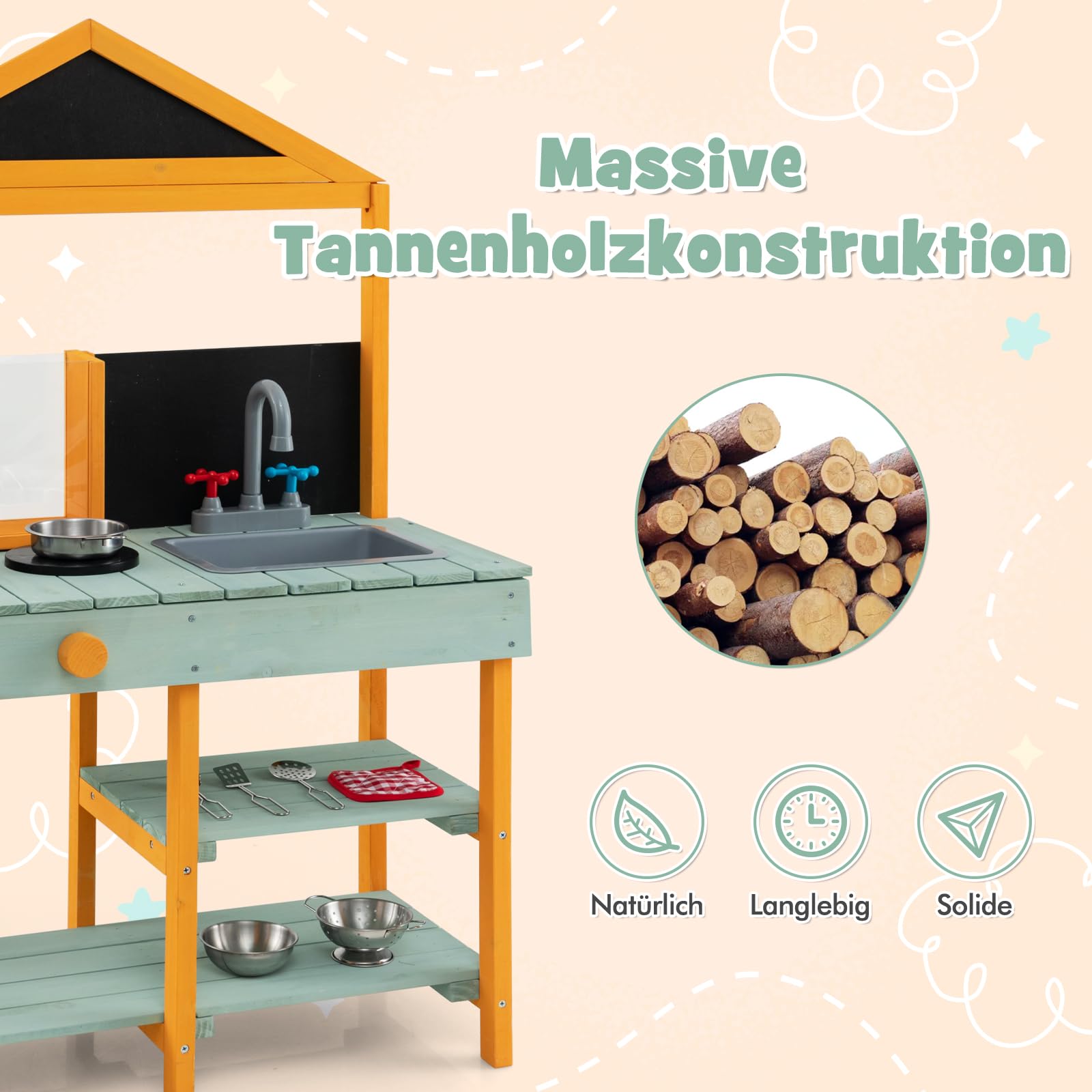 DREAMADE Matschküche Kinder Outdoor, Kinderküche Tannenholz, Spielküche mit Wasserhahn, Waschbecken, Herd, Tafel & Pflanzenbetrachter, Outdoor Küche inkl. 8 TLG. Zubehör für Kinder ab 3 Jahren (Grün)