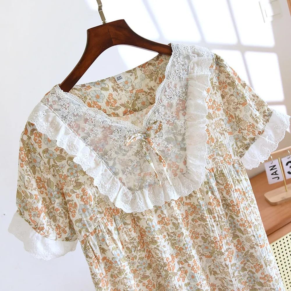 Camicia da Notte Donna - Gonna da Notte da Donna Estiva Gonna Lunga A Maniche Corte in crêpe di Cotone Gonna da Notte Sottile E Carina con Scollo A V in Pizzo Dolce