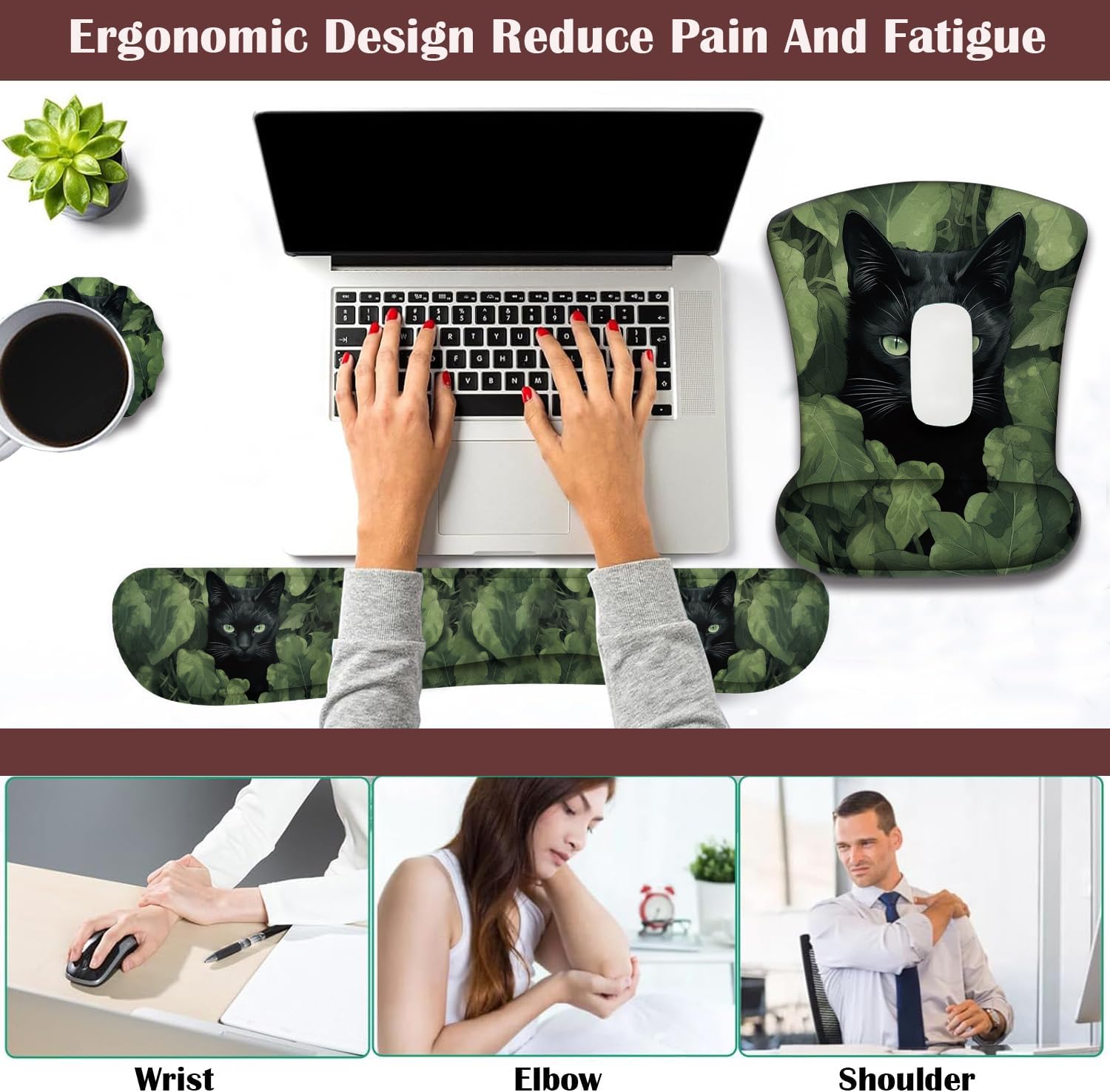 Keyboard Wrist Rest and Mouse Pad Wrist Support with Lace-Shaped Coaster Set, Ergonomic Gel Memory Foam and Anti-Slip Base, Easy Typing and Pain Relief - Black Cat