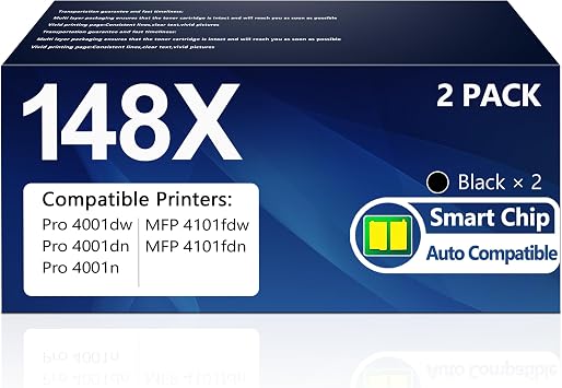 148X Black Toner Cartridge with Chip Replacement for HP 148X W1480X 148A W1480A Compatible with Pro MFP 4101fdw 4101fdn Pro 4001dw 4001dn 4001n Printer Office Work W1480X 2-Pack