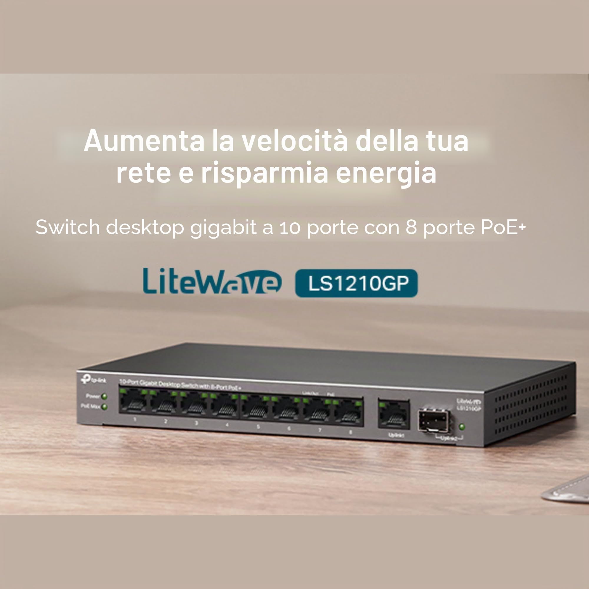 TP-Link Switch Desktop Gigabit a 10 Porte Con PoE+ a 8 Porte, Budget PoE da 61 W, Trasmissione Fino a 250 m, Separazione del Traffico, Plug and Play, Senza Ventola, Custodia