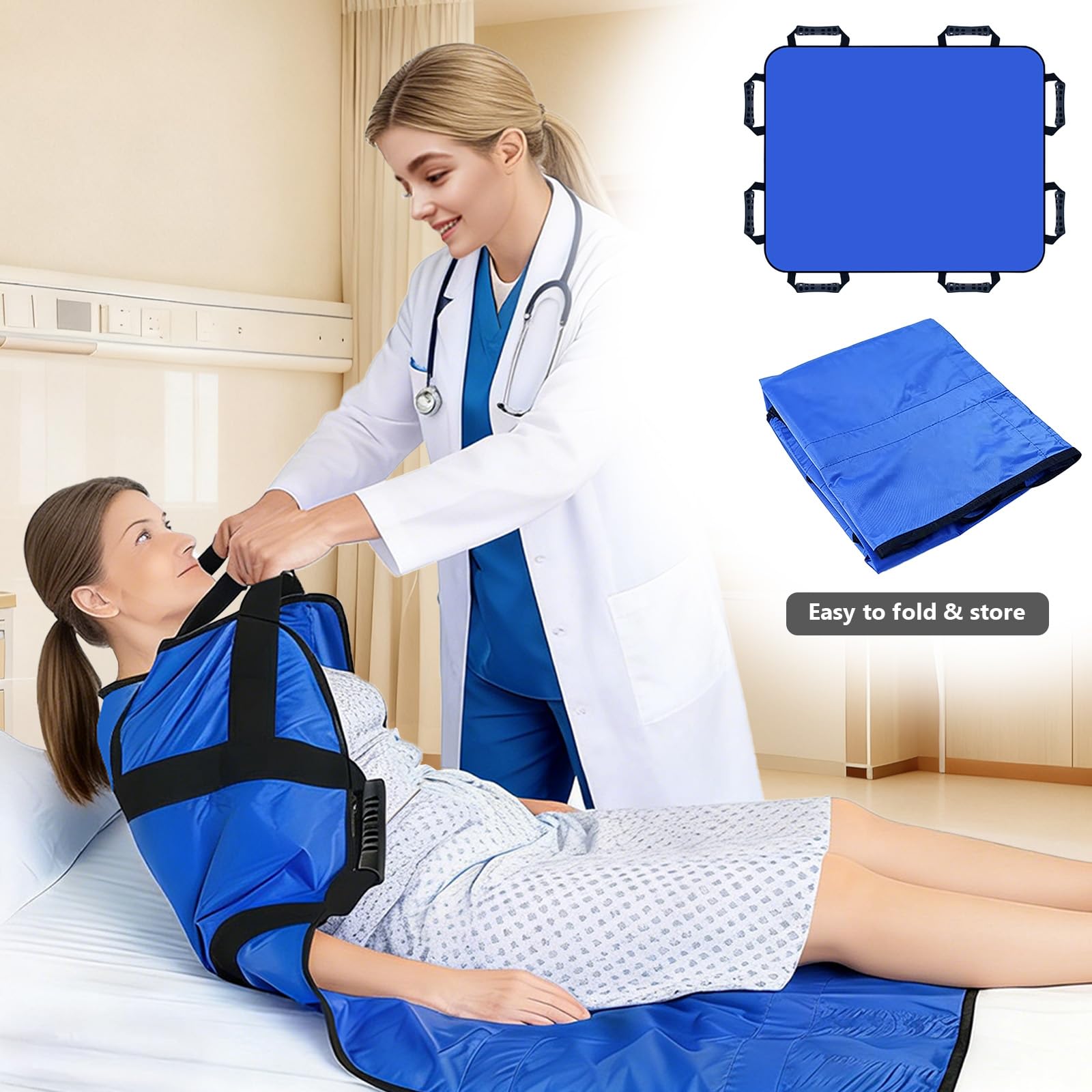 Toalla para pacientes, 100 x 120 cm, con 8 asas, sábana de transferencia y ayuda de almacenamiento para enfermería, transferencia de ancianos y cama para transferencias de pacientes