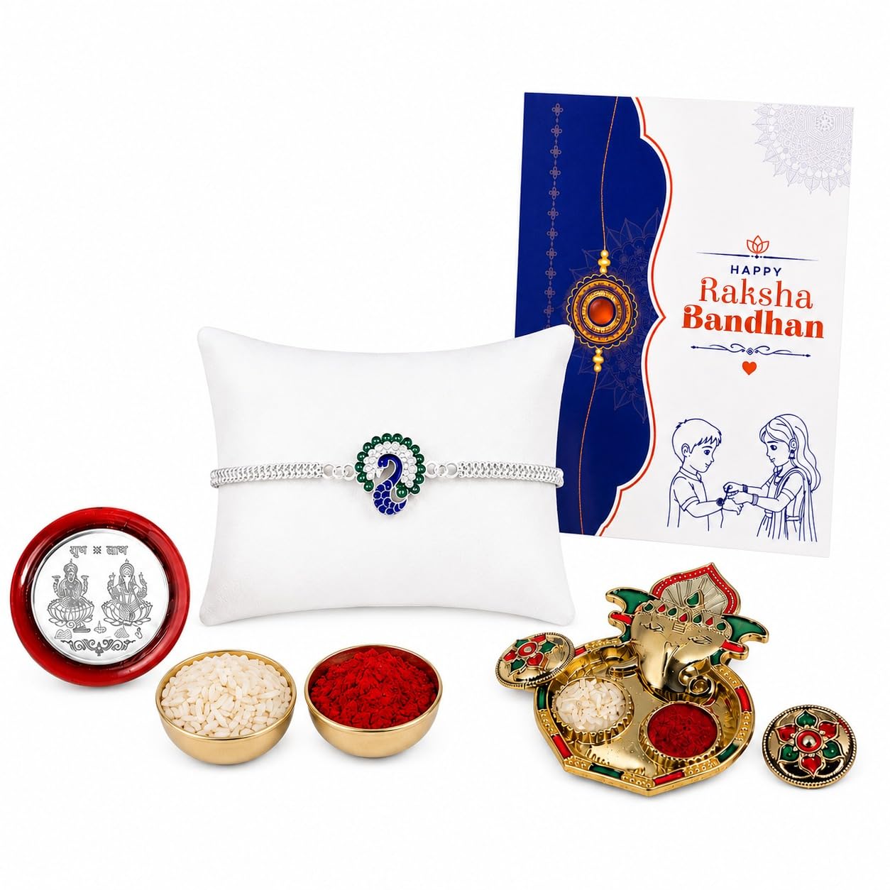 Oblivion Designer Peacock Bracelet Rakhi for Brother with Ganesh Ji Pooja Thali, Pooja Coin, Kumkum Chawal & Card | Rakhi with Pooja Thali Gift Set for Raksha Bandhan-picture-14