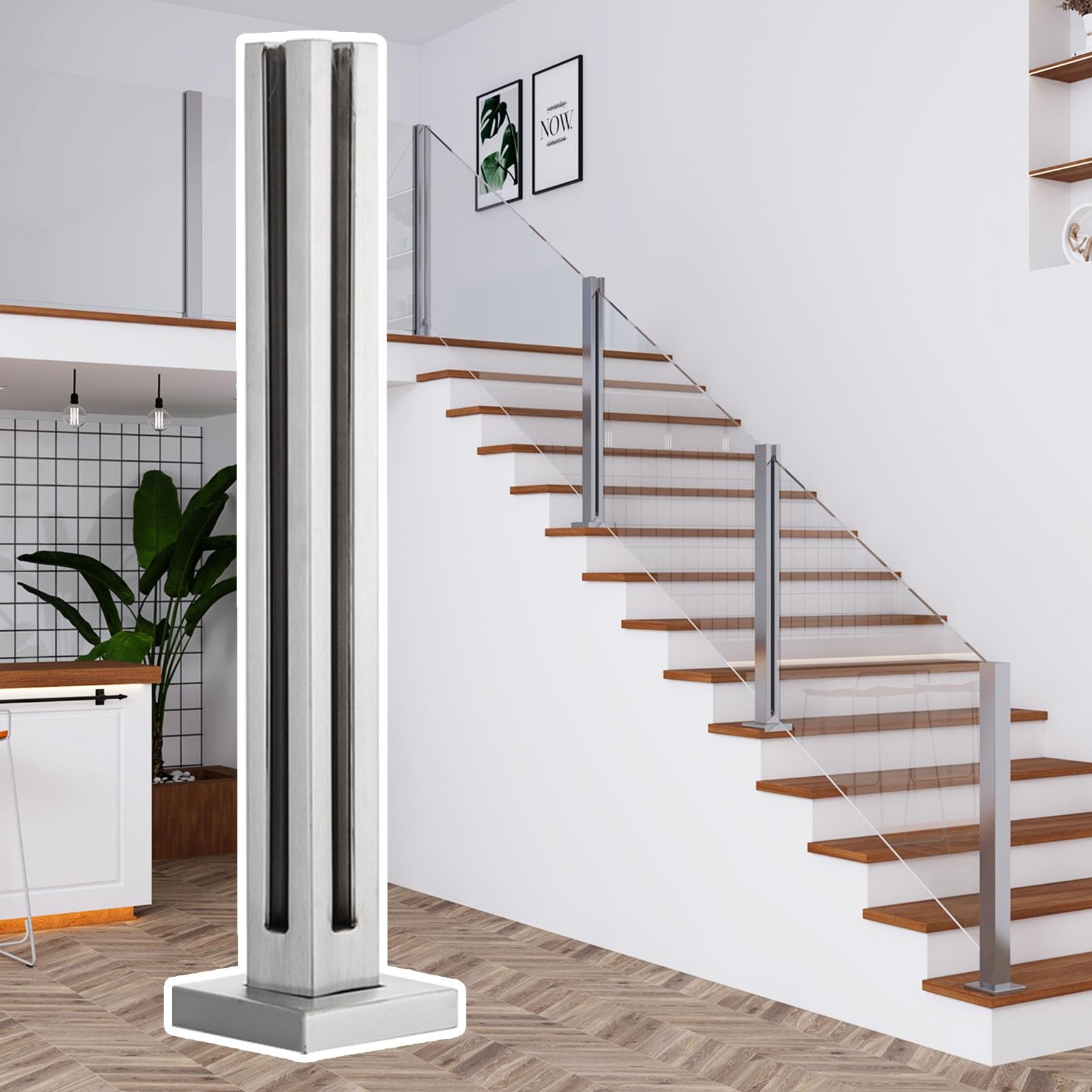 Paletto quadrato in vetro per scale interne 65-149,9 cm, scala il con clip in acciaio inossidabile 304, moderno sistema di balaustra per corridoi e scale