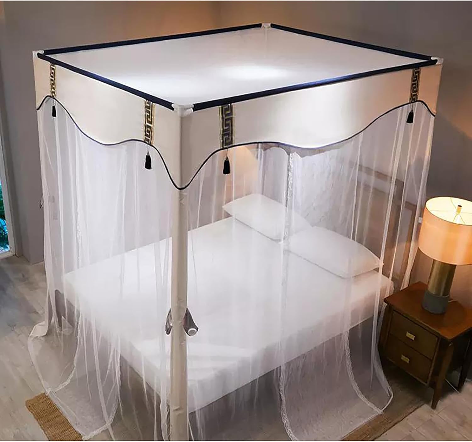 Elegant Canopy Curtain Bed Frame Cozy Drape Mosquito Net Bed Frame Curtain Canopy Four Corner Post Bed Netting Canopy for Bedroom Decoration,A Beige,Queen