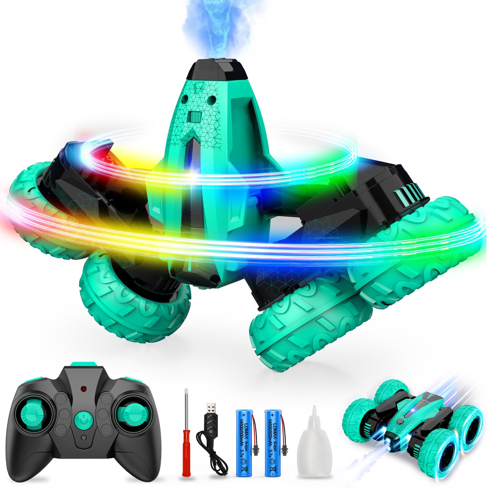 Double Sided Driving Remote Control Car 360°Rotating 4WD Off-Road Hobby RC Stunt Cars with Headlights& Music 2.4Ghz Rechargeable Toy Car for Boys/Kids Age 3-7 8-12 Birthday Xmas Gift