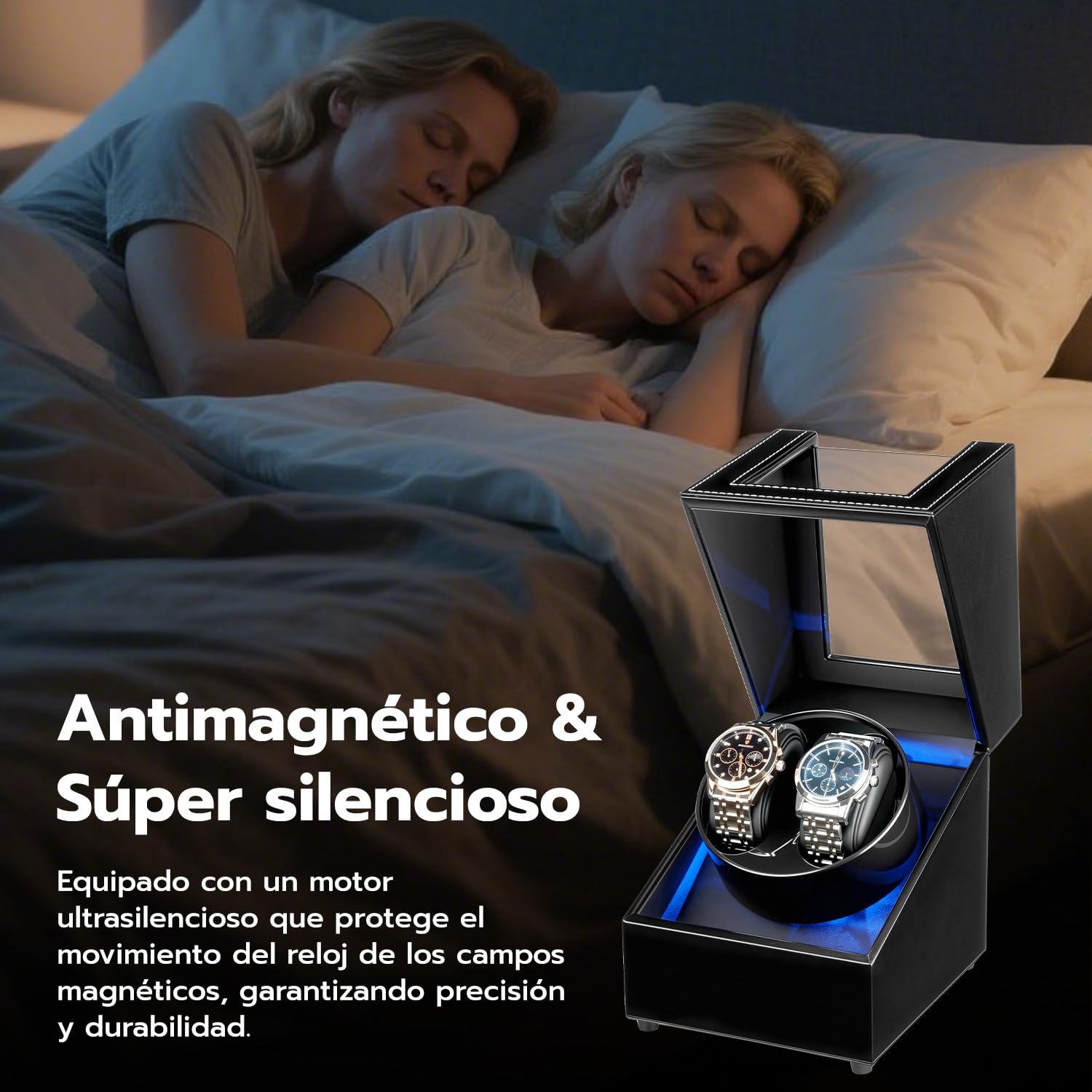 Caja automática doble para reloj, para 2 Relojes, Con LED azul, Caja enrolladora automática para Relojes, Vitrina acrílica de Cuero - Negro