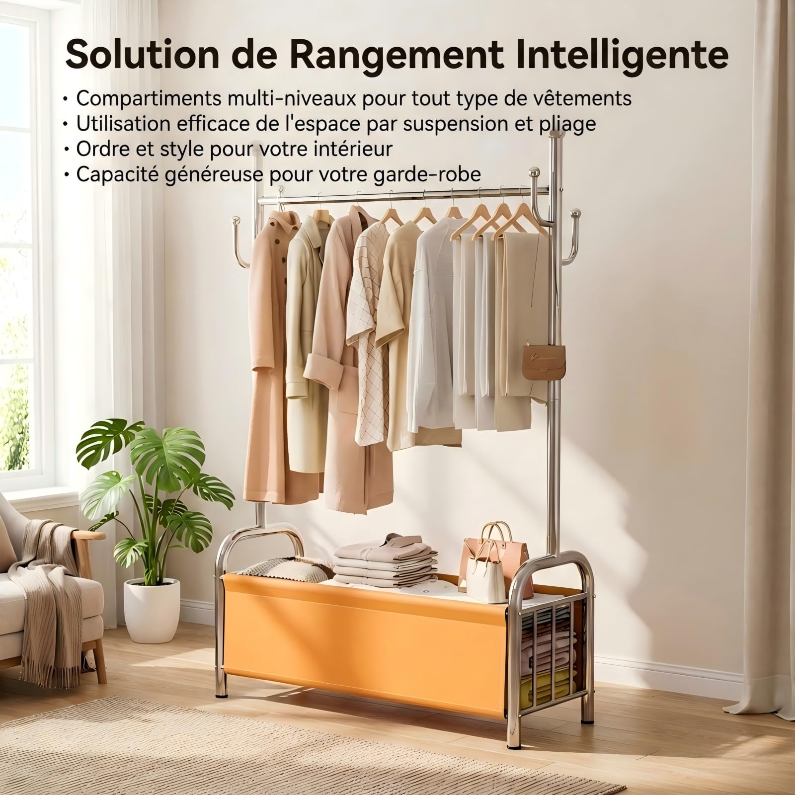 Portant à Vêtements en Acier Inoxydable avec Panier de Rangement, Penderie Solide, Tringle Robuste, Portant 3 en 1 pour Organisation des Vêtements
