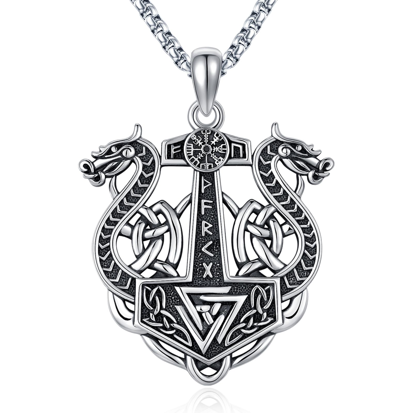 Eusense Viking Necklace for Men Women 925 Sterling Silver Pendant Thors Hammer/Norse Runes/Odin's Ravens/Wolf/Dragon/Snake/Yggdrasil/Freya/Helm of Awe