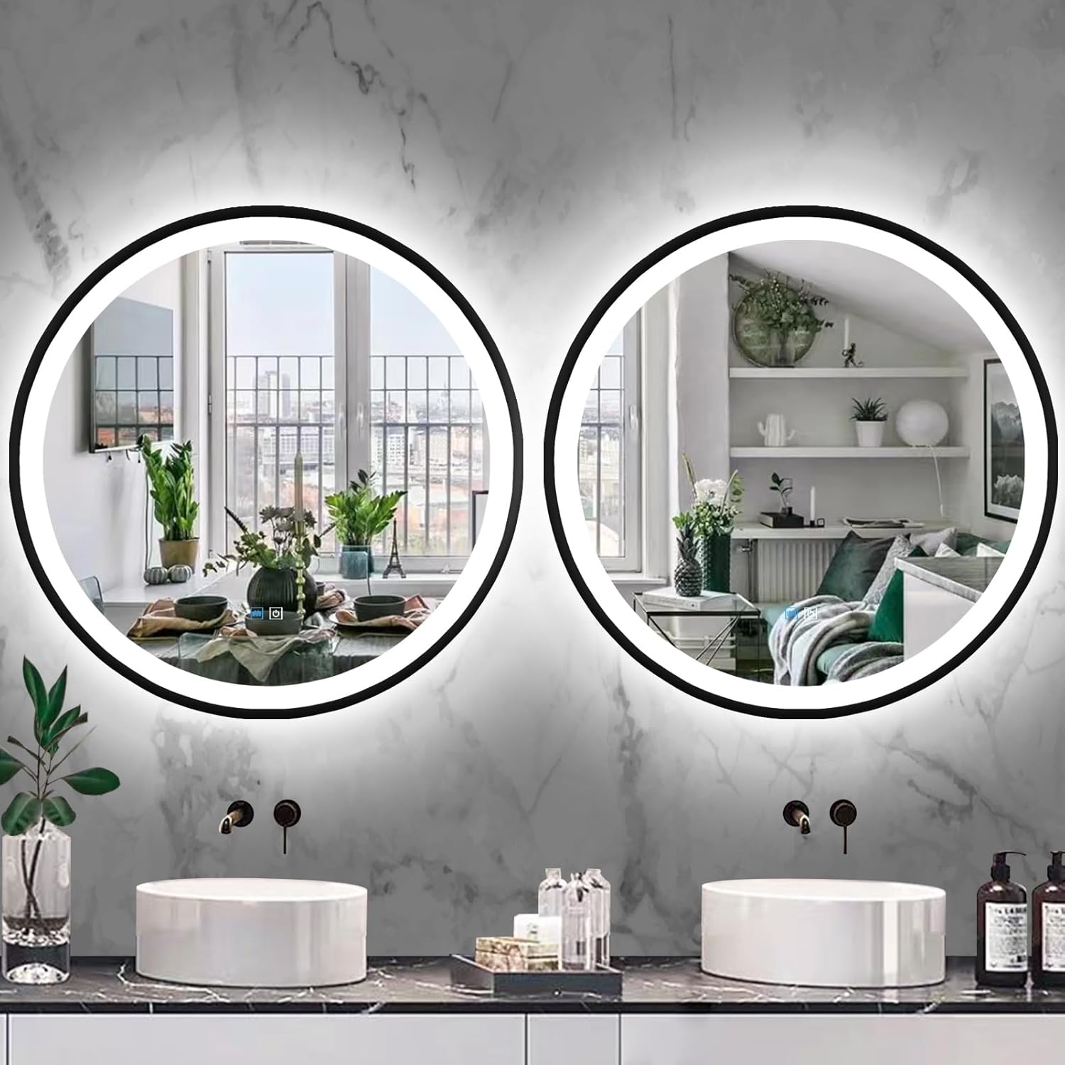 36 Inch Black Frame Round Lighted Mirror for Bathroom Salon Wall Black Round LED Vanity Mirror with Lights 3 Color Adjustable Brightness AntiFog 36" BlackFramed Circle Smart Light up Mirrors