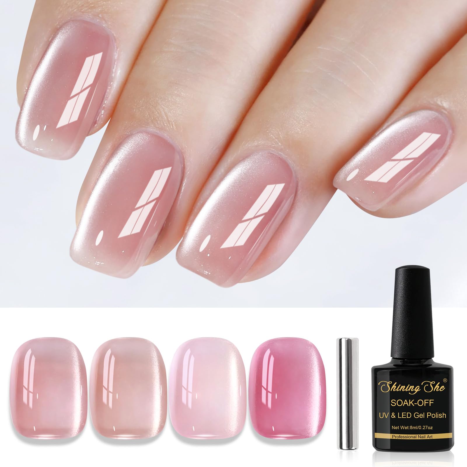 Gel Nail Polish Cat Eye, 4 Colours Nude Pink Shimmer Jelly Glass Cryta Nail Polish with Magnet Soak-Off UV/LED Magnetic Gel Polish for Nail Art Salon DIY Home, 8 ML