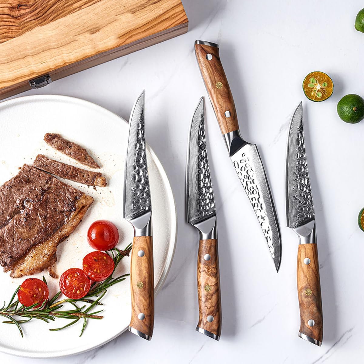 Steak Knife Set of 8,Damascus Kitchen Steak Knife Set,67 Layers,Sharp Non-Serrated Edge,Kitchen Table Knife with Olive Wood Handle - Ideal for Table Dinners and Fruit Pairing