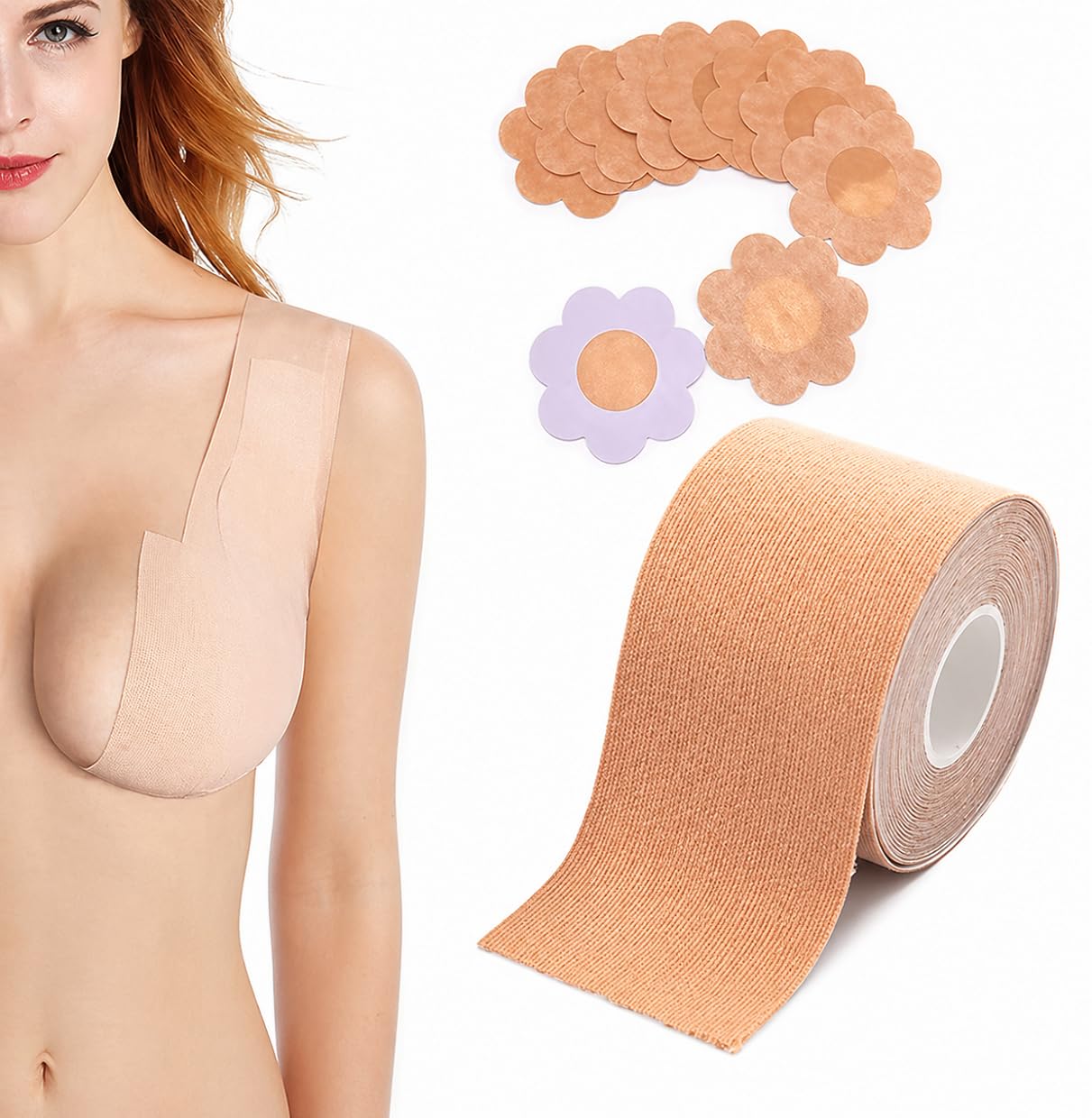 Breast Lift Tape for Women with Nipple Covers, Invisible Boob Tape Waterproof Sweatproof Strong Adhesive for Backless Strapless Deep V Dresses Beige-image-27