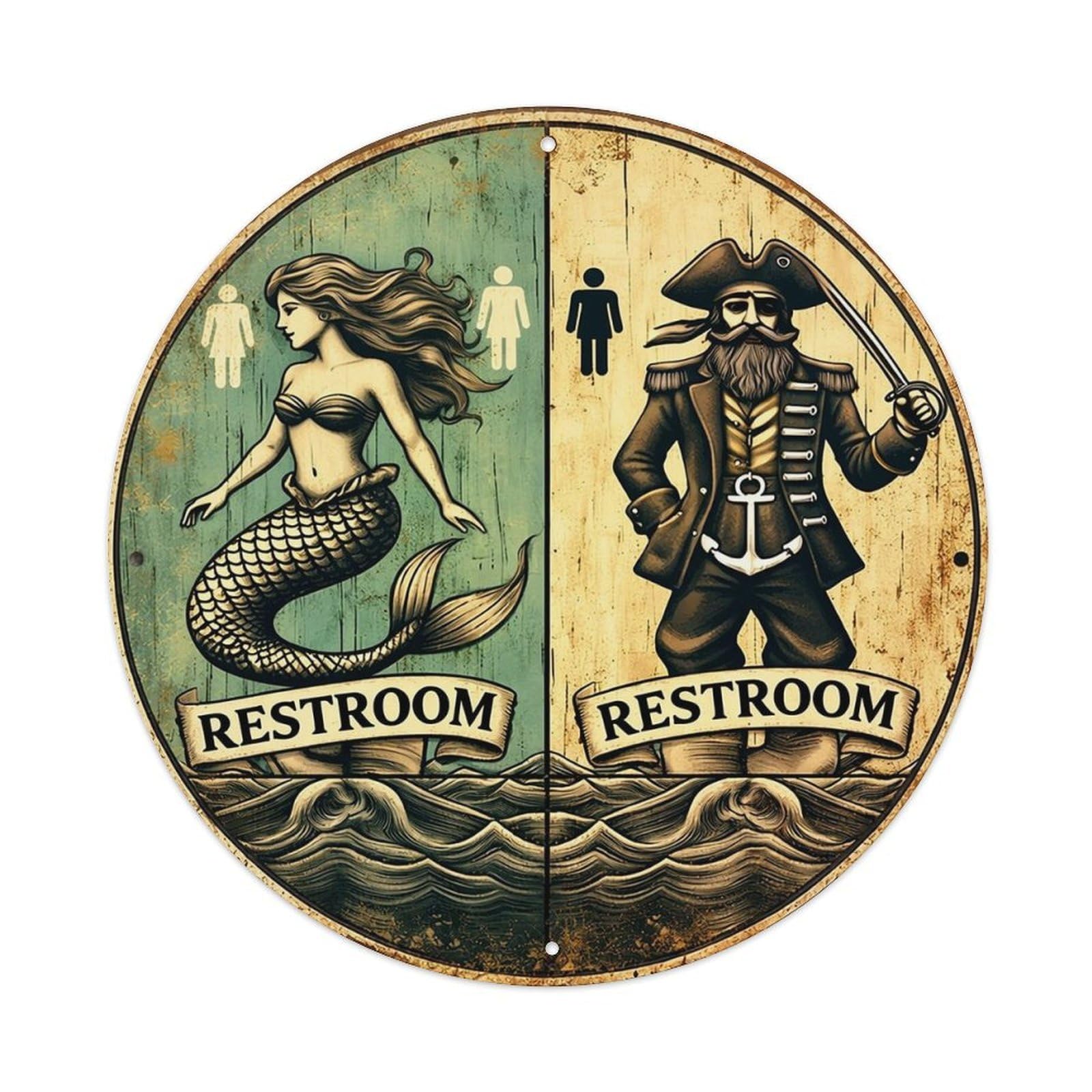 Mermaid Pirate Restroom Sign Art Vintage Round Tin Sign Retro Metal Wall Decor Metal Poster, Home Bar Garage Cafe Wall Art Decoration 8x8Inches