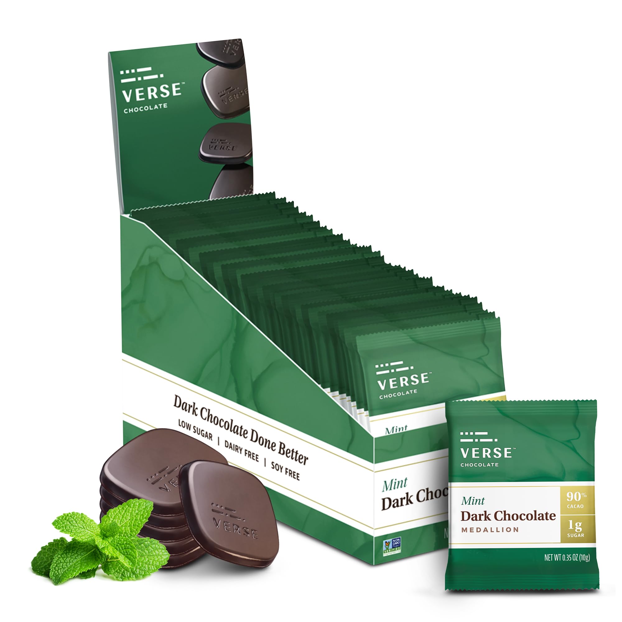 Verse Chocolate Mint 90% Dark Chocolate Squares - Only 1g Cane Sugar - Creamy Dark Cocoa - Individually Wrapped Chocolates (30 Count)