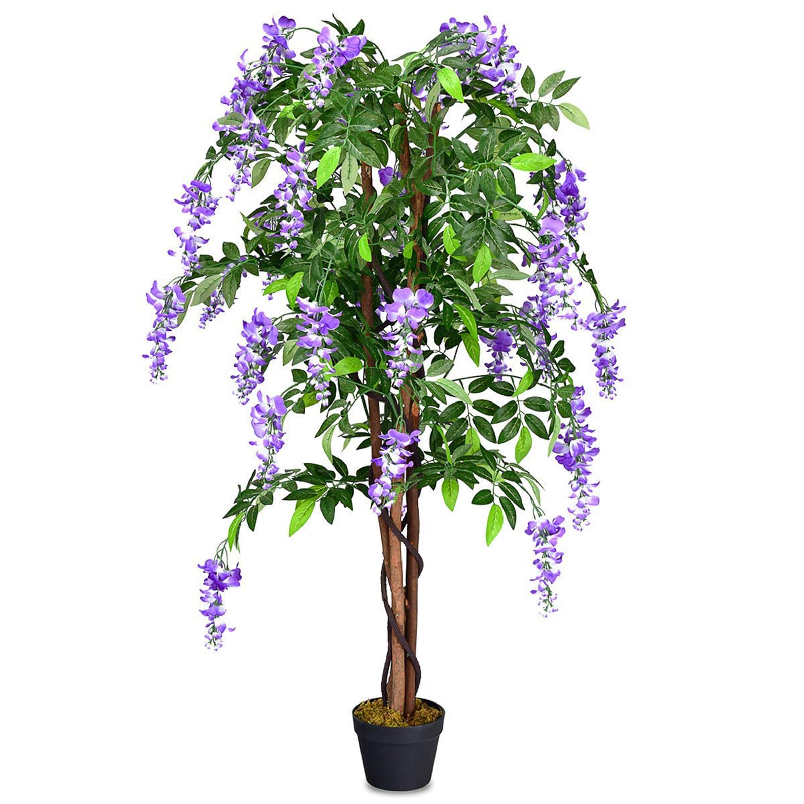COSTWAY Plantas Artificiales Decorativas, Flores Artificiales con Ratán Simulado con 840 Hojas, Árbol Artificial Planta Simulación con Flores moradas para Oficina Hogar Boda Interior Decoración