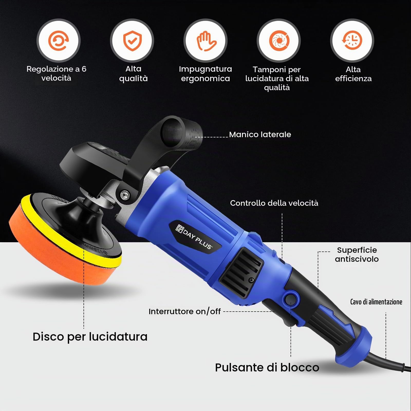 Lucidatrice Rotorbitale Auto,, Lucidatrice Auto Professionale Elettrico 800-3500 giri/min, 6 Velocità Variabile, 150-180mm per Lucidatura Automatica