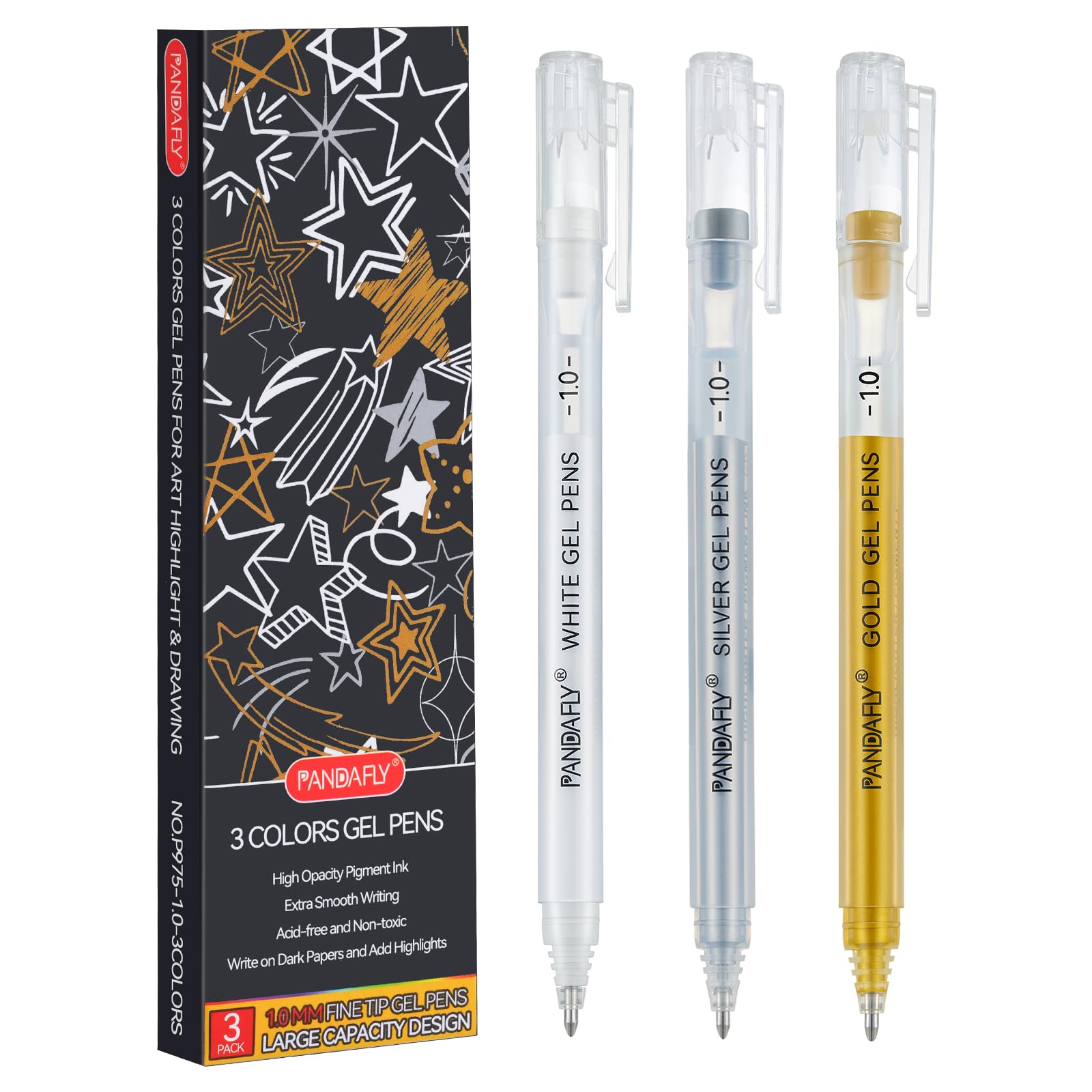 PANDAFLY Gold Silver White Gel Pens, 1mm Fine Point Opaque Archival Ink Pen for Journaling, Art, or Drawing - For Artist Gifts, Holiday Gifts & DIY