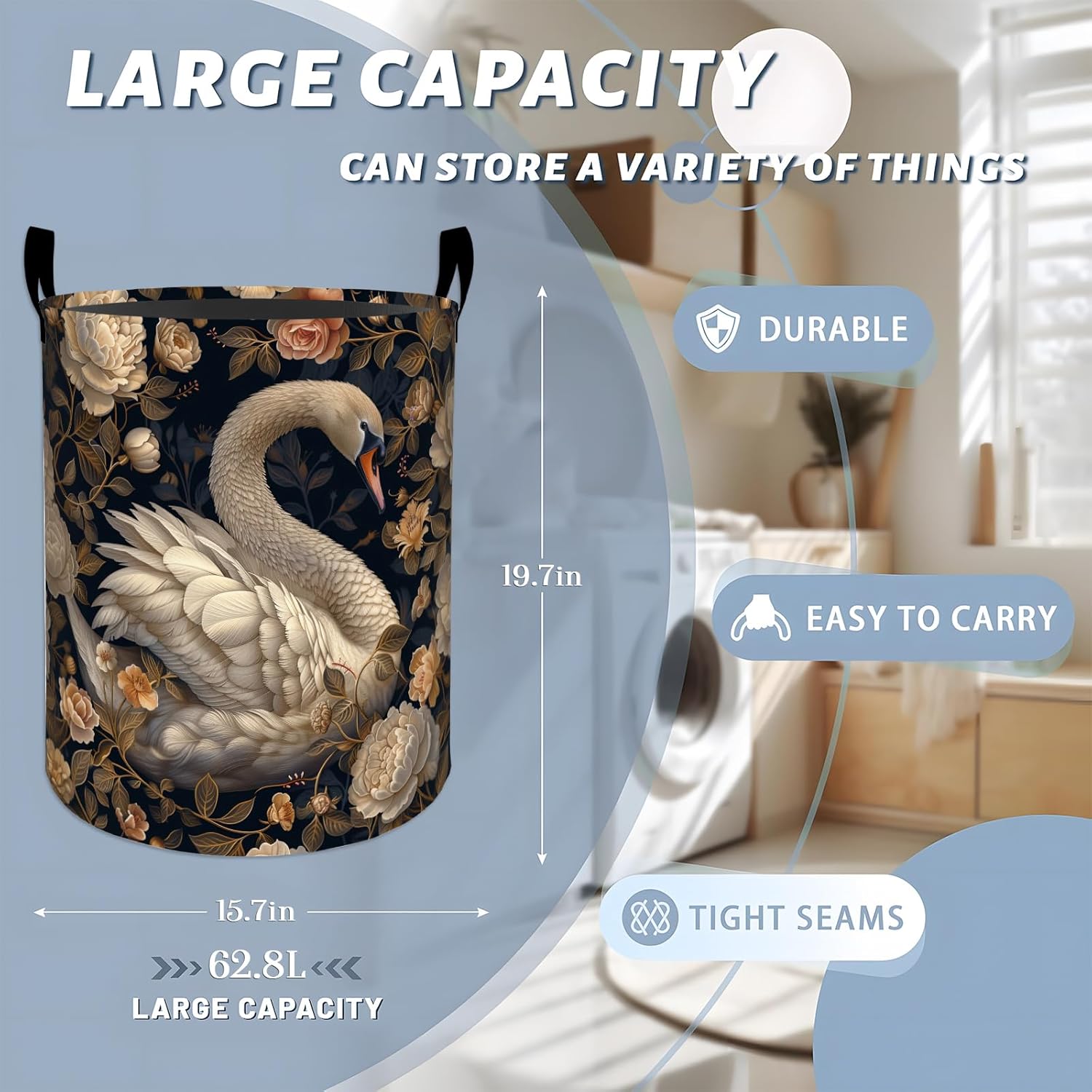 Elegant Swan with Blooming Roses Flowers Laundry Basket with Handles, 19.7"x15.7" Clothes Foldable Laundry Hamper Organizer for Dorm Nursery Bedroom Bathroom Decor, Toy Storage Bin for Kids