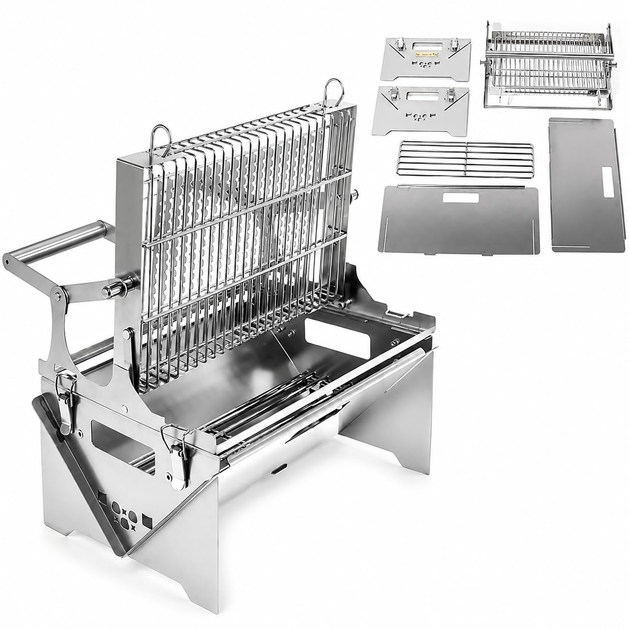 Barbecue portatile a carbone rotante a 360°, design pieghevole in acciaio