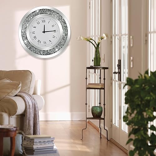 Miniatura 6 de Reloj de pared grande con diamantes brillantes redondos plateados para decoración de pared (20 pulgadas)