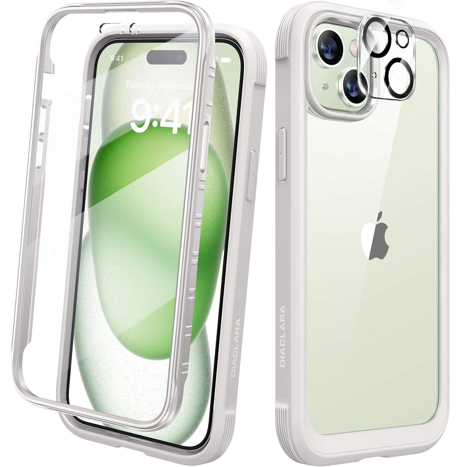 Diaclara Designed for iPhone 15 Plus Case 6.7 Inch, Full Body Rugged with Built-in Touch Sensitive Anti-Scratch Screen Protector, White