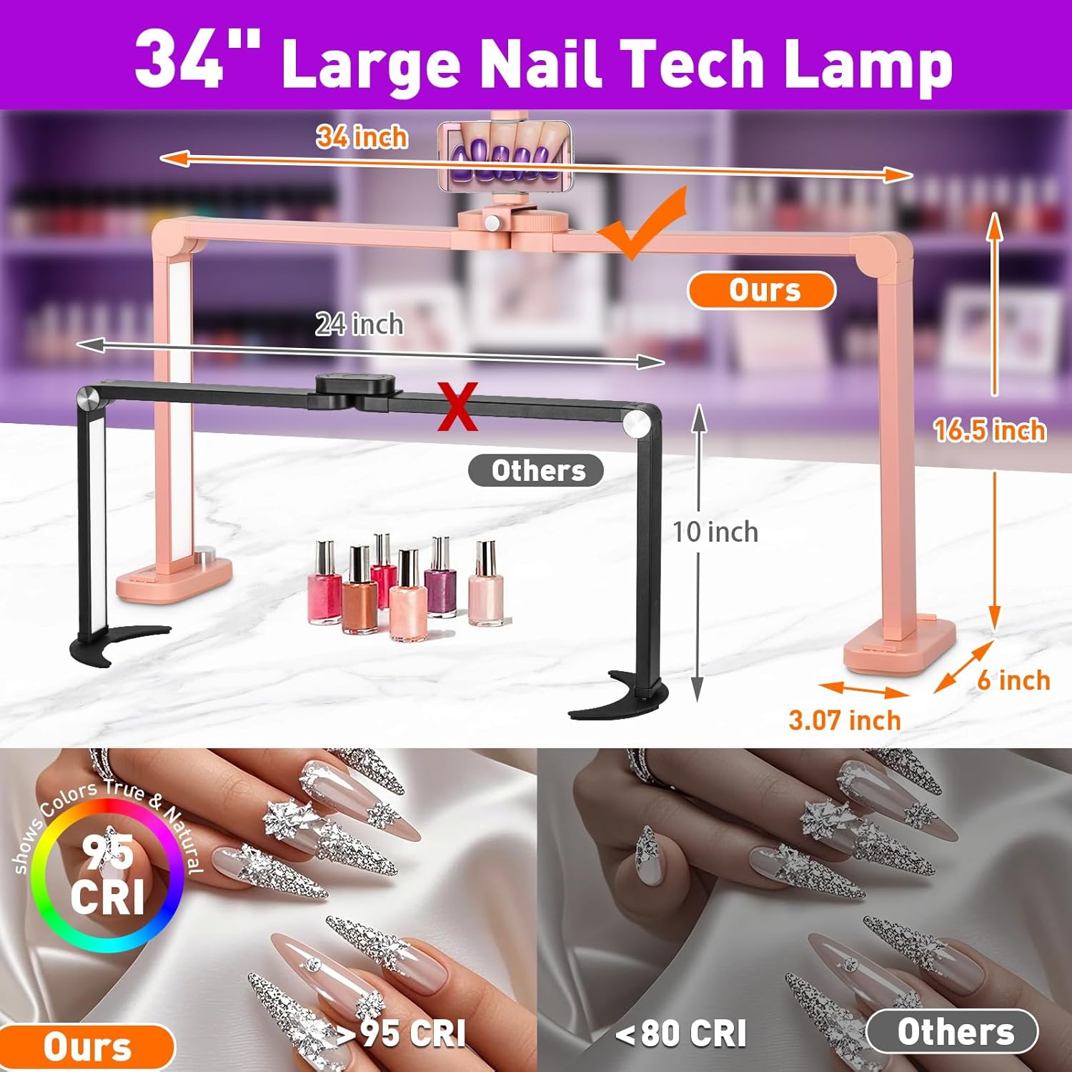 HITTI 456 LEDs Bright Nail Tech Lamp for Desk, 34 Inch Foldable Large Nail Arch Light with Phone Holder, Stepless Dimming & 3 Modes Half Moon Table Light for Manicure/Lash Extension/Tattoo/Beauty