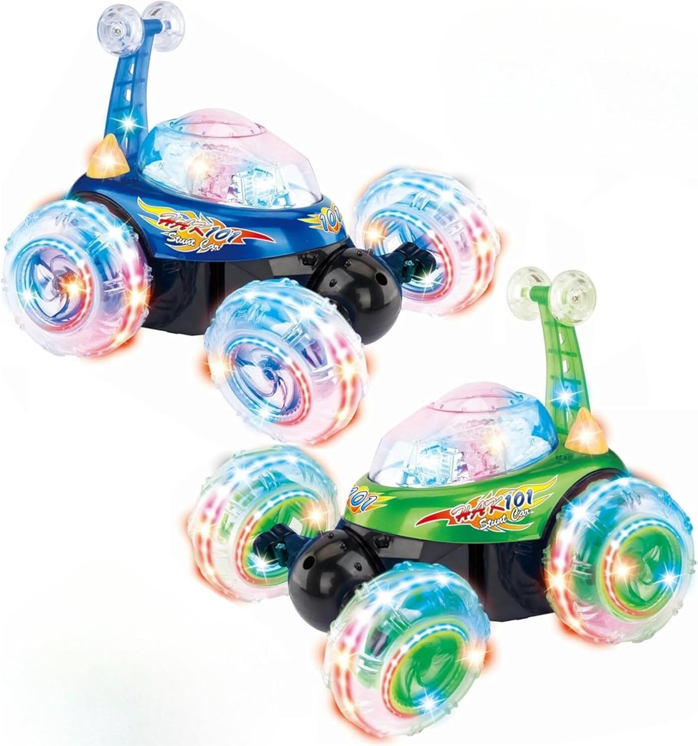 Haktoys 2-Pack Rechargeable RC Tornado Stunt Cars – Remote Control Flip Trucks with 360° Spins & Turbo Twister Action | Double-Sided Stunt Vehicles for Kids Toddlers Boys & Girls (Green & Blue)