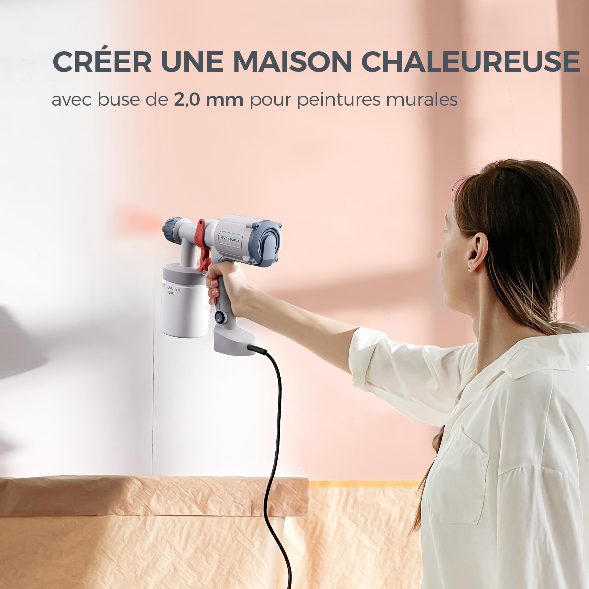 Tilswall Pistolet a Peinture Électrique - Version Améliorée Pulvérisateur de Peinture Ultra-Léger avec Réservoir Détachable 600ml, 2 Buses & 3 Motifs pour la Peinture de Maison, Meubles, Murs, Blanc