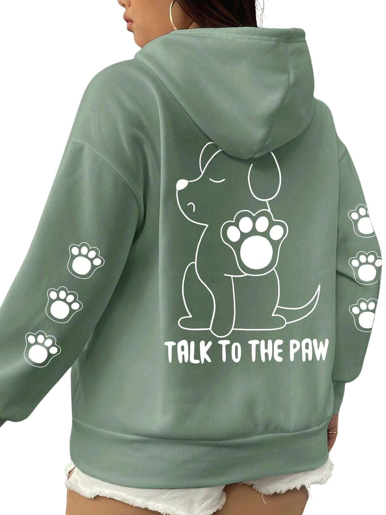 sxv style Talk to The Paw Graphic Hoodie, Sage Green, Casual Pet Lover Sweatshirt-picture-54