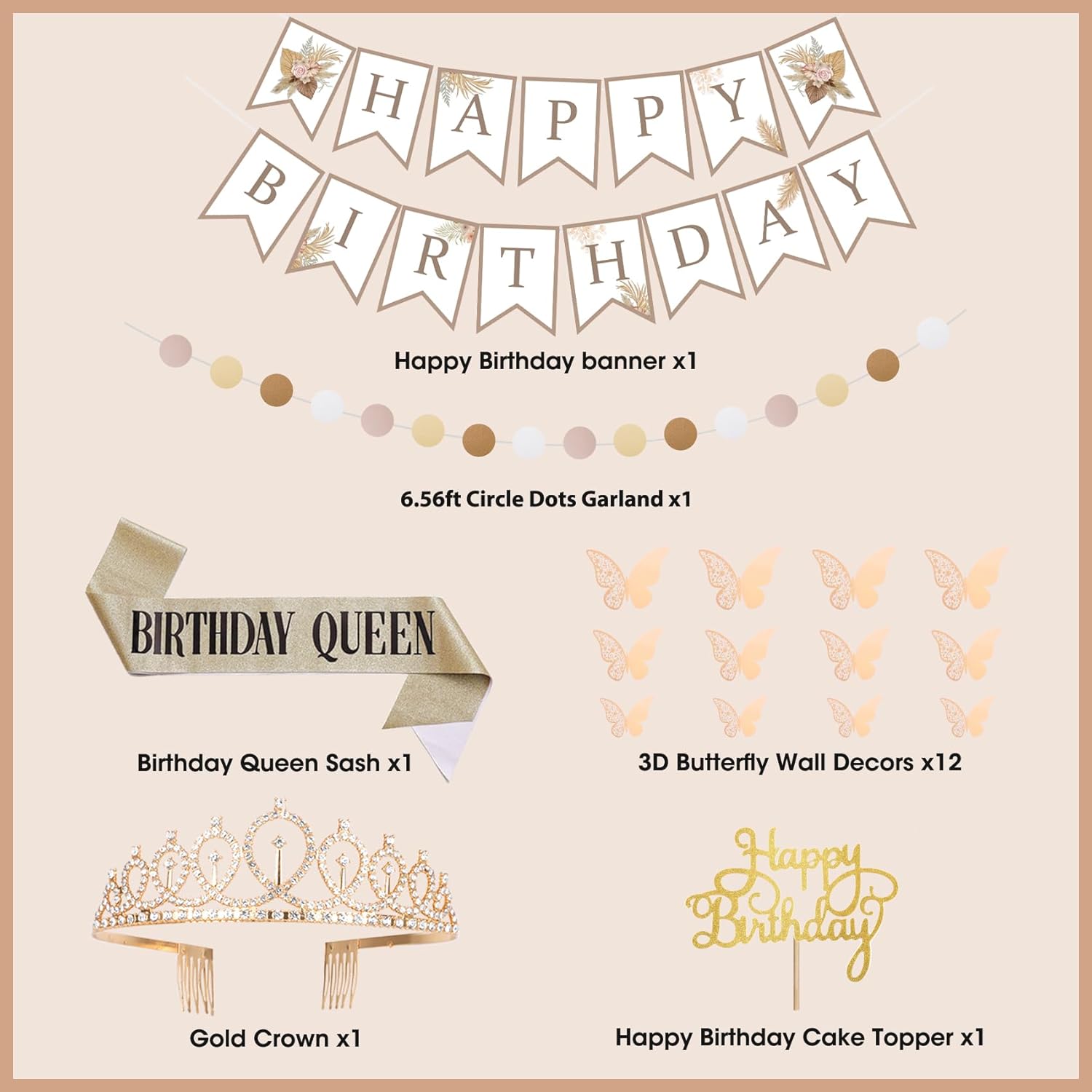 Color beige Birthday Decorations for Women, Boho Beige Cream Neutral Champagne White Sand Foil Balloons Table Cloth Sash Crown Curtains Happy Birthday Banner Circle Garland Butterfly Fall Party Supplies