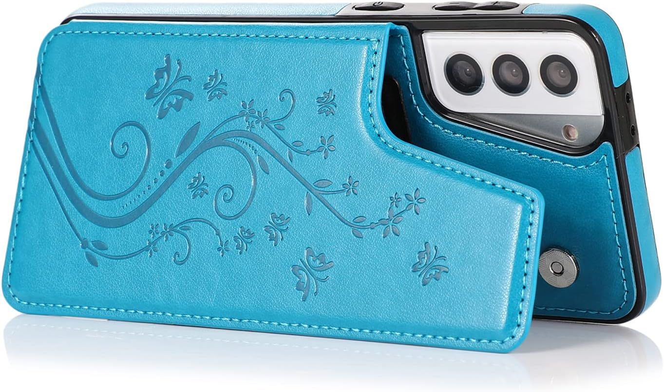 Phone Case for Samsung Galaxy S21 Glaxay S 21 5G 6.2 inch with Tempered Glass Screen Protector and Card Holder Wallet Cover Stand Flip Leather Cell Accessories Gaxaly 21S G5 Cases Women Men Blue