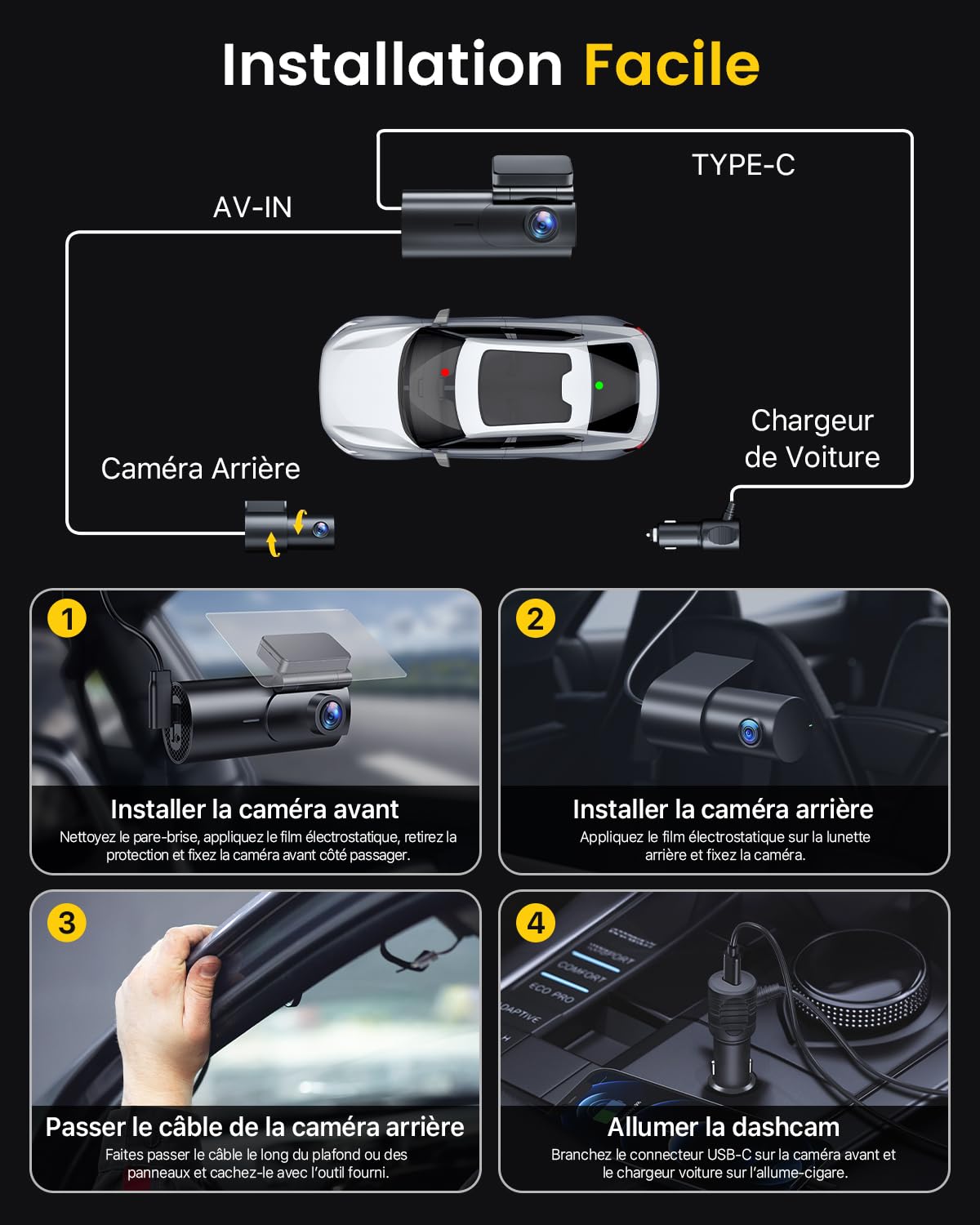 GKU 4K Dashcam Voiture Avant Arrière,5GHz WiFi Caméra Embarquée Voiture avec Carte SD 64G,Camera Voiture Grand Angle 170°,Vision Nocturne,WDR,G-Capteur,Mode Stationnement 24H,Enregistrement en Boucle