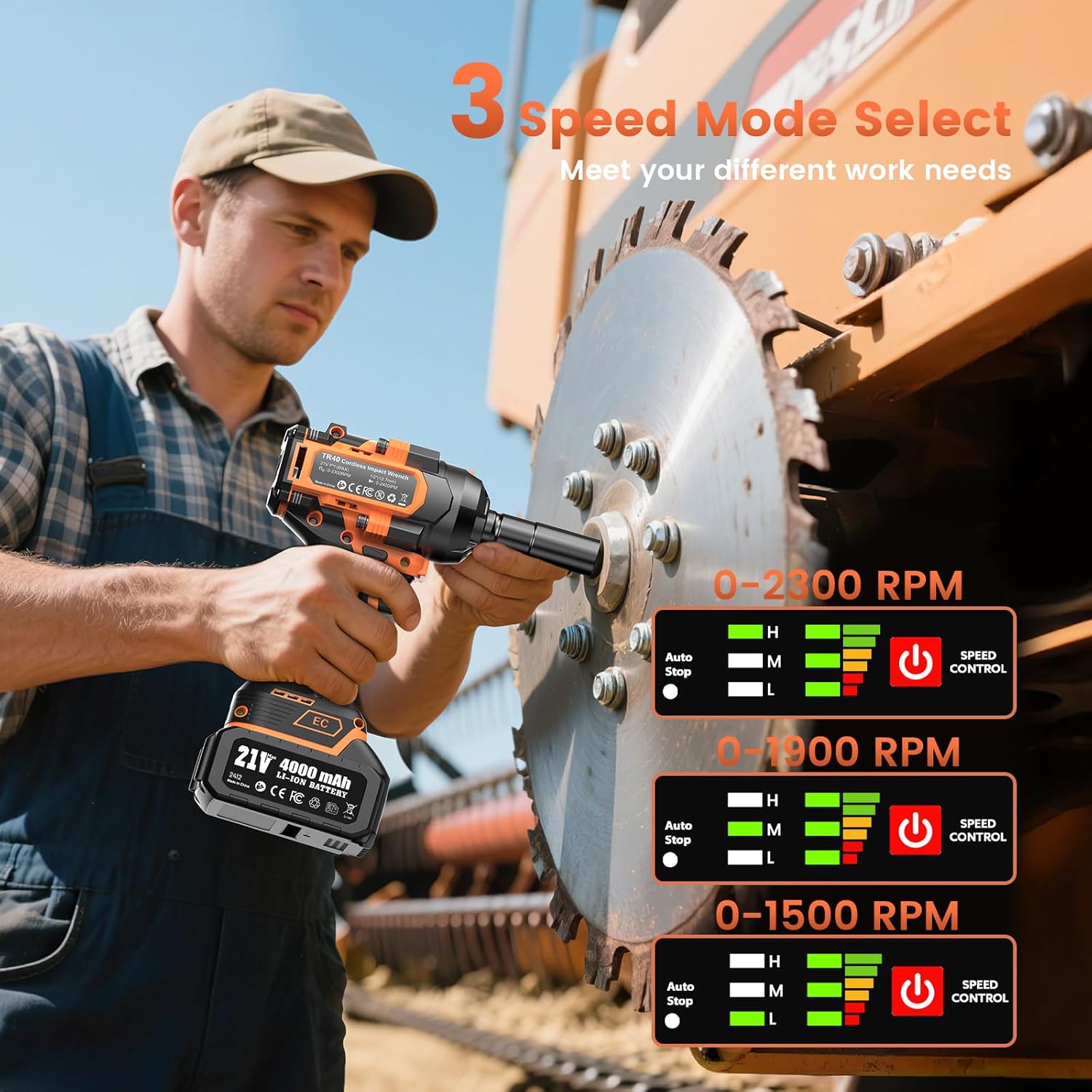 1500N.m Cordless Impact Wrench - 20V Max Brushless 1/2" Impact Gun with 2 x 4.0Ah Batteries & Fast Charger | Removes Stuck Truck Lug Nuts in Seconds | 3-Speed for Auto Repair & Heavy Duty DIY - Image 6