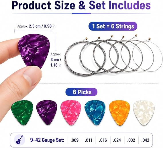 6 Pcs Electric Guitar Strings, Super Slinky Guitar Strings 9-42 with 6 Guitar Pick, Nickel Wound Steel Ball Guitar Strings Replacement for Electric Acoustic Guitar Performers Beginners