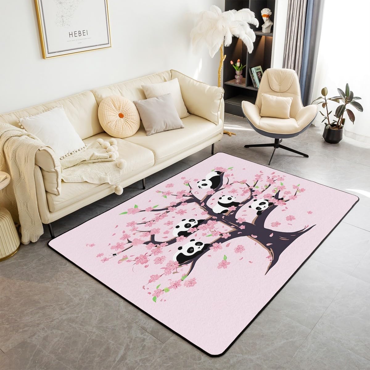 Erosebridal Cheerry Blossom Indoor Floor Mat for Kids Boys Girls,Kawaii Panda Area Rug,Pink Floral Carpet,Cute Woodland Wildlife Animal Decorative Rug for Playroom,5x7