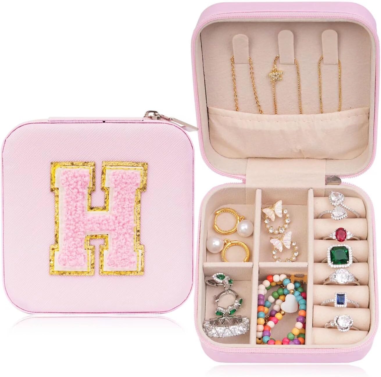 ETHOON Jewelry Travel Case Small Organizer Stocking Box Personalized Gifts Teenage Jewelry Accessories Holiday Wedding Christmas Gift for Women Pink, Letter A
