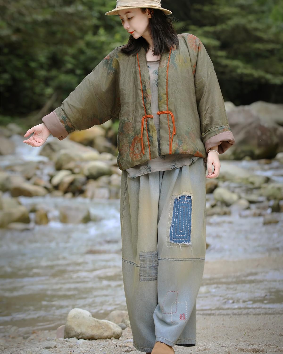 LUZU JUNU Women's Floral Printed Short Quilted Jacket Open Front V-Neck Shawl Collar Drop Shoulder Vintage Outwear