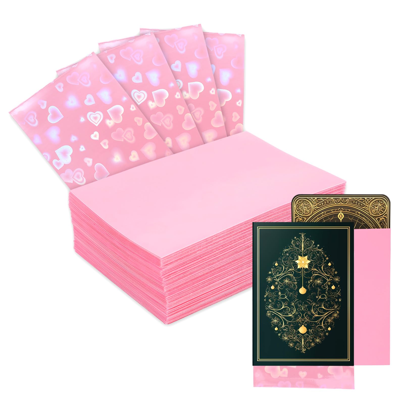 100pcs Holographic Colors Card Sleeves, 3.58x2.6in/91x66mm Colored Heart-Shaped Flashing Trading Card Sleeves for Mini Polaroid Photocard Collectible Protection(Pink) — image 1