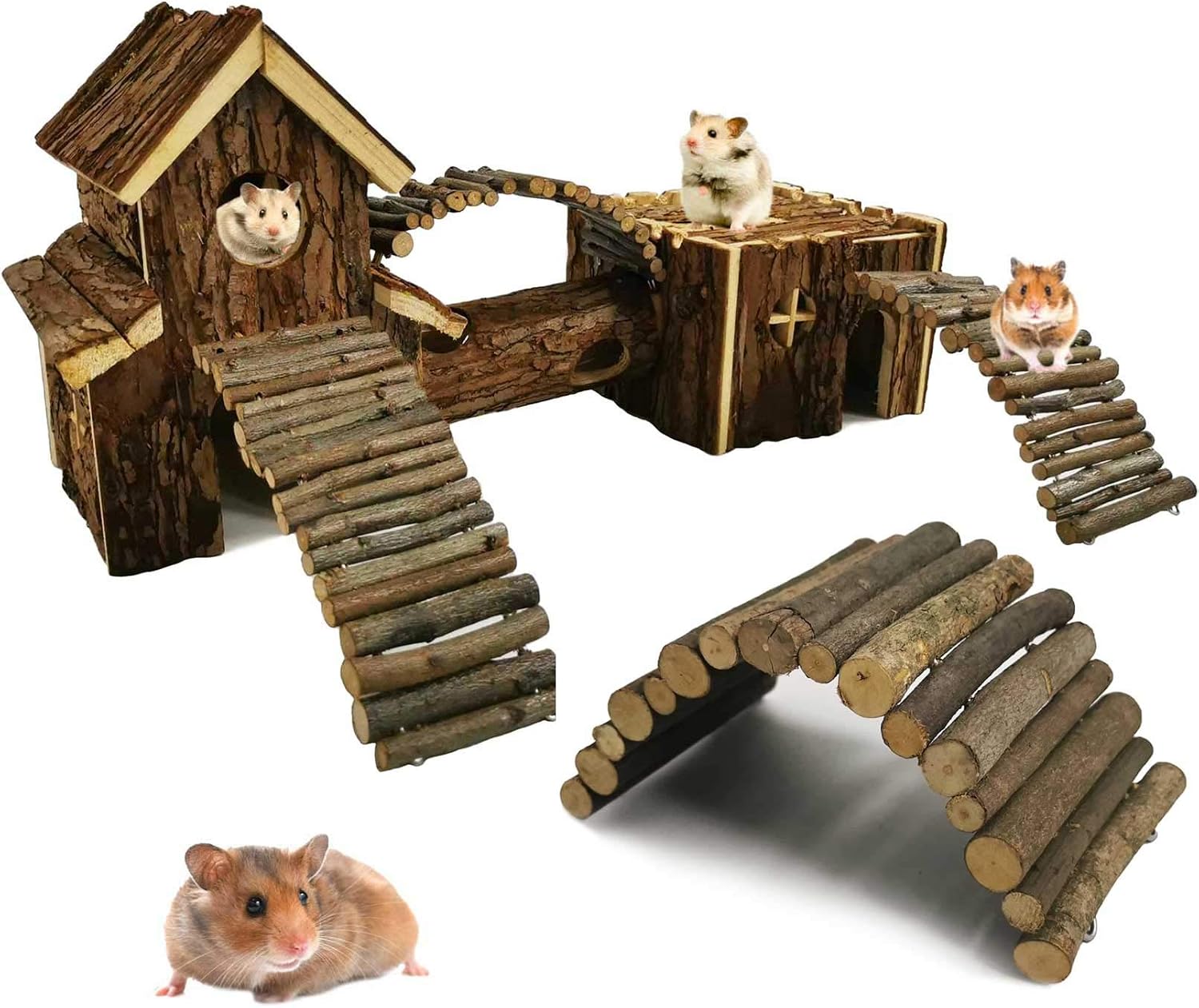 kathson Natural Living Tunnel System Wooden Hamster House Rats Hideout Hut Small Animal Chewable Two Layer Cage Toys with Tube Toy…