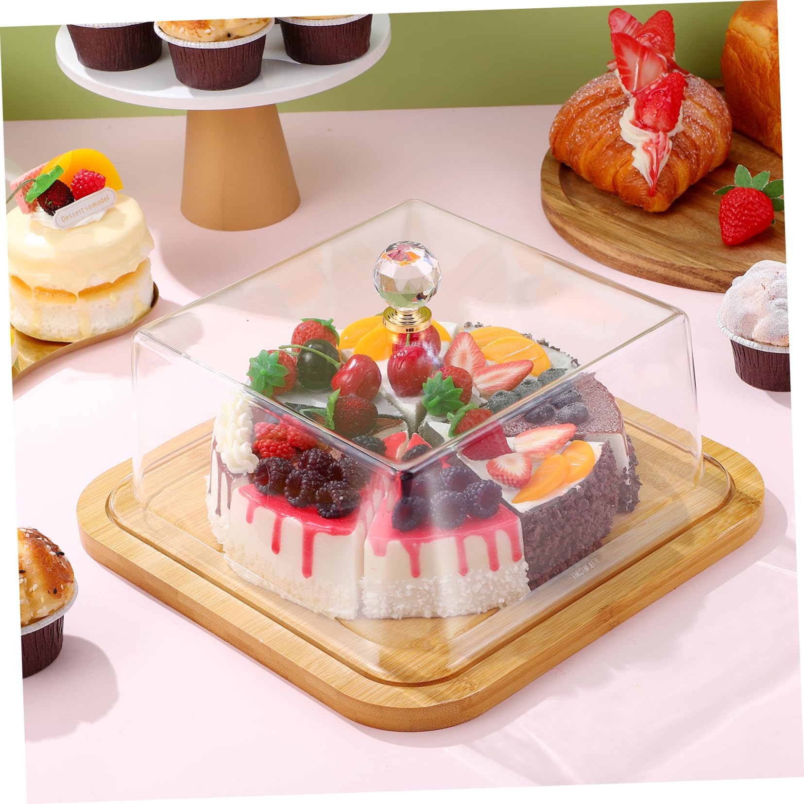 Bandeja para Bizcochos con Tapa Transparente y Base de Madera, Recipiente para Almacenar Pasteles con Diseño Simple Adecuado para Exhibición y Protección de Alimentos
