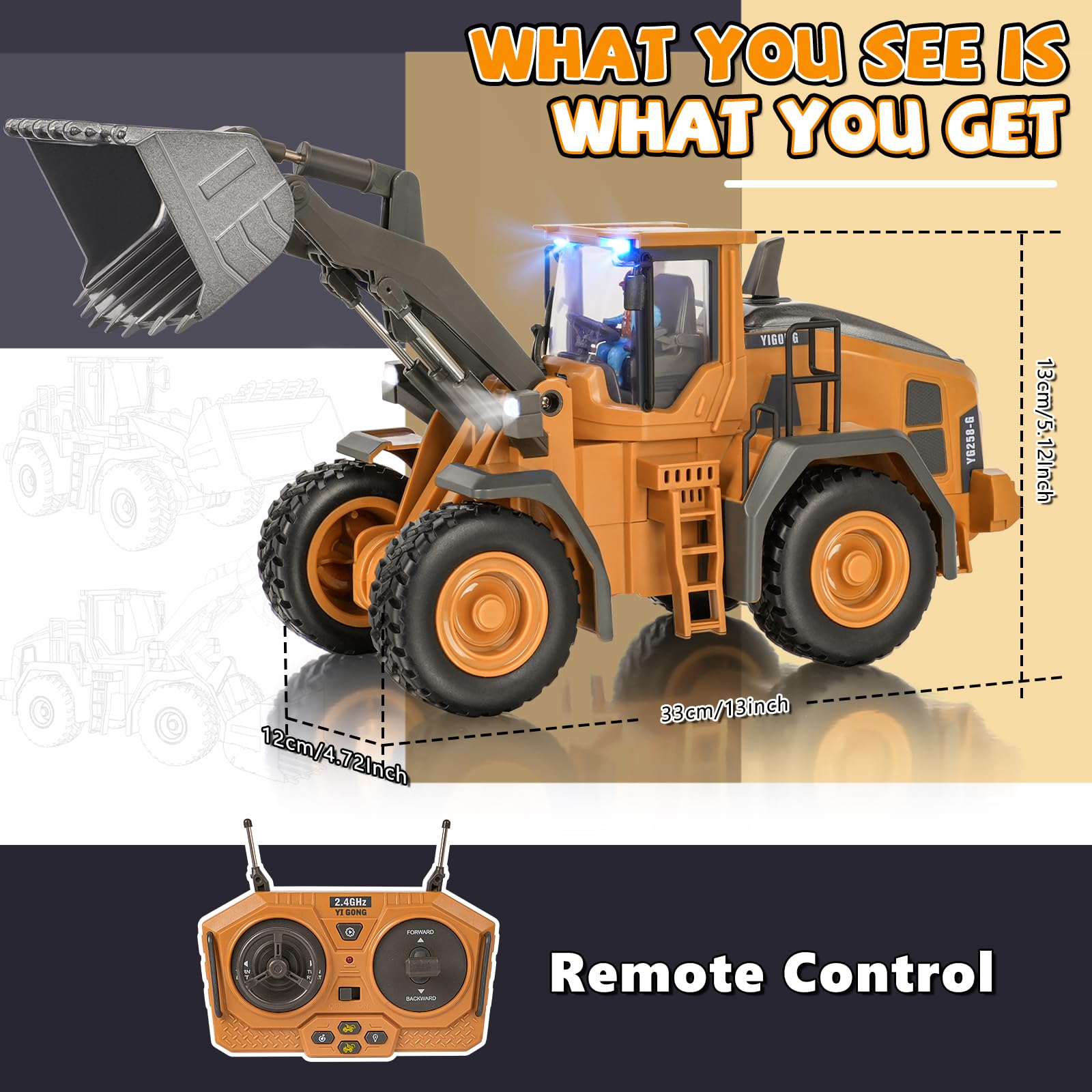 Ferngesteuerter Bagger Spielzeug Radlader Bulldozer mit Licht&Sound für Jungen 3-12 Jahre, 2,4GHz RC Bagger Bulldozer mit Metallschaufel, Baustellenfahrzeuge Kinder Geschenk für Geburtstag/Weihnachten