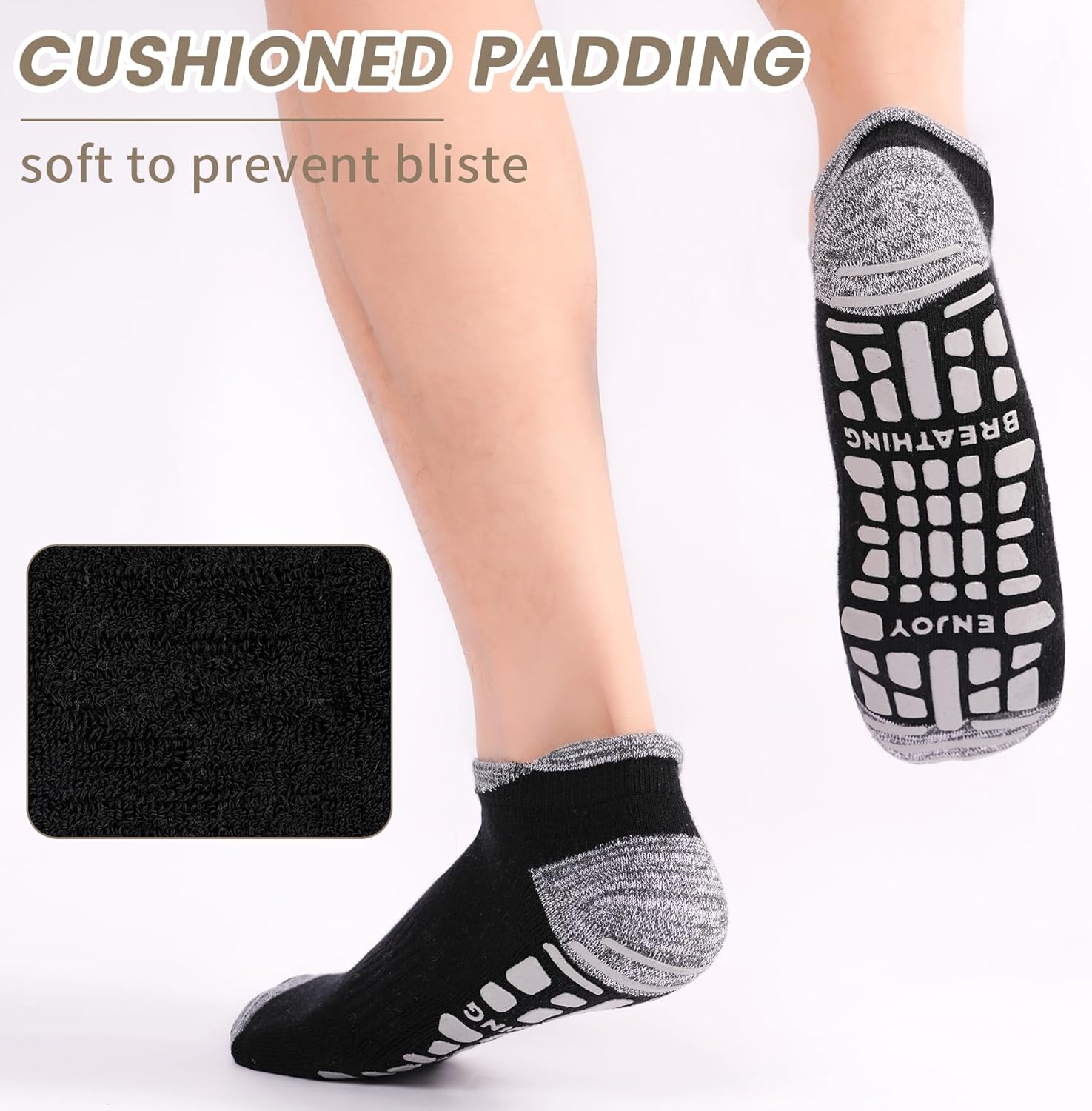 SkiBeaut Pilates Grips Socks,3 Pairs Unisex Yoga Non Slip Grippy Cushion Sticky Barre Hospital Socks for Women Men - Image 3