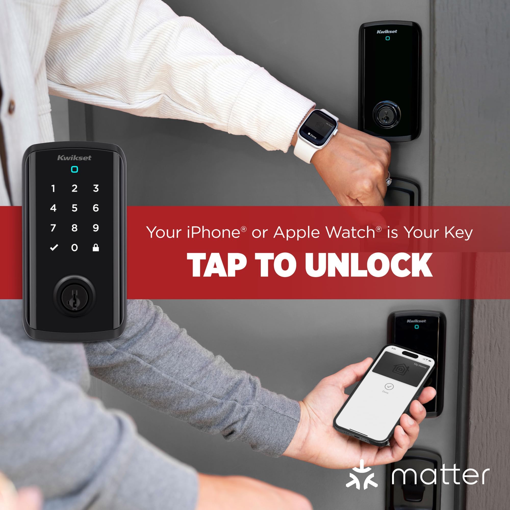 Kwikset Halo Select Plus Touchscreen nero opaco Tasti Apple Home Tap-to-Unlock, Wi-Fi e Matter Enabled Smart Lock catenaccio con sensore di stato porta e rilevamento intrusioni