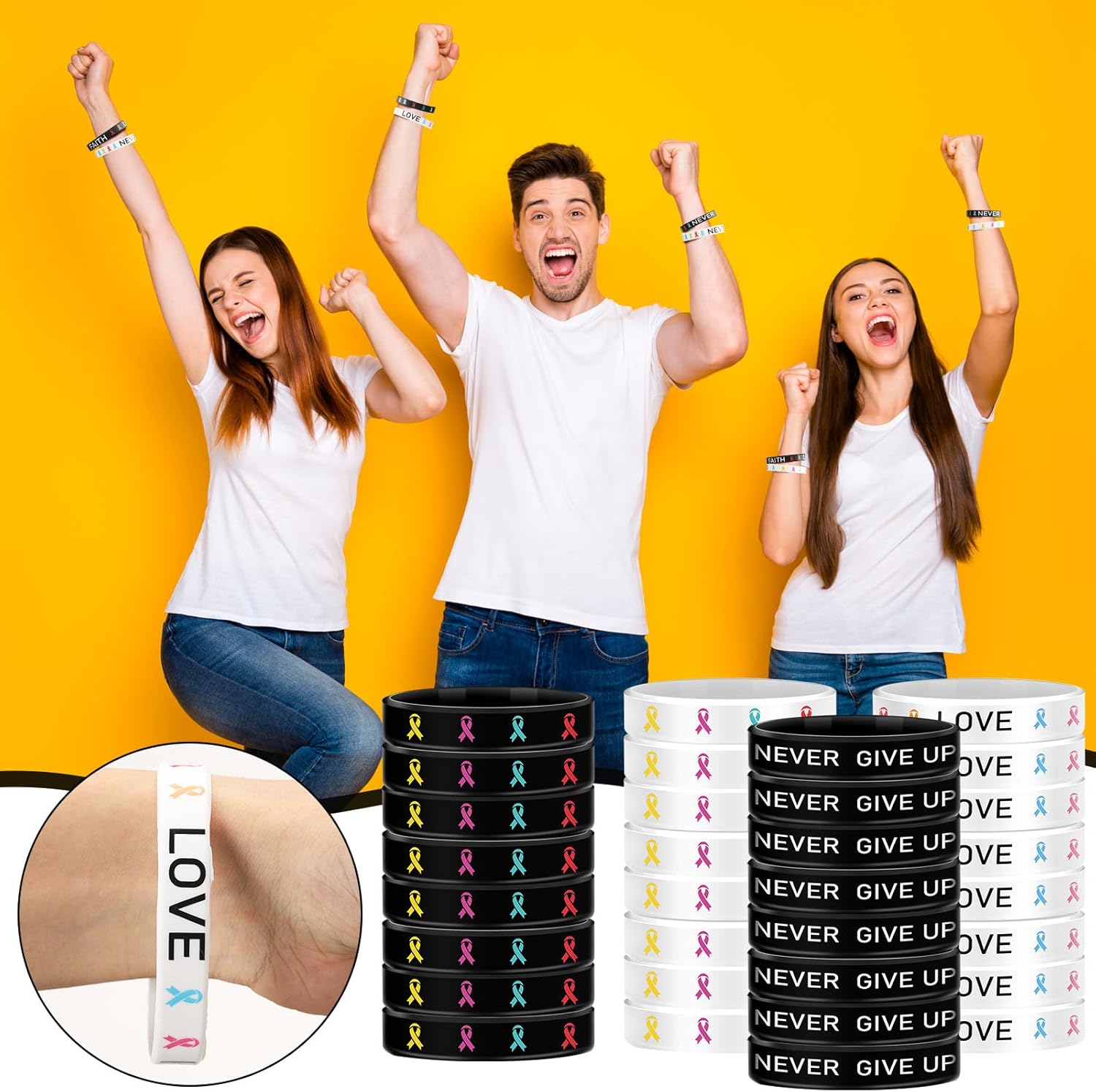 48 Pieces Cancer Awareness Silicone Bracelets Bulk, All Cancer Prevention Bracelets Ribbons for Childhood Ovarian Breast Patients Family Friend Gift, Public Activity Fundraising Supplies - Image 5