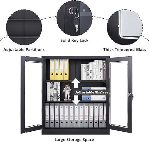Miniatura 19 de SISESOL Armario de almacenamiento con puertas y estantes de vidrio, armario de despensa de cocina independiente para el hogar, oficina, baño Negro